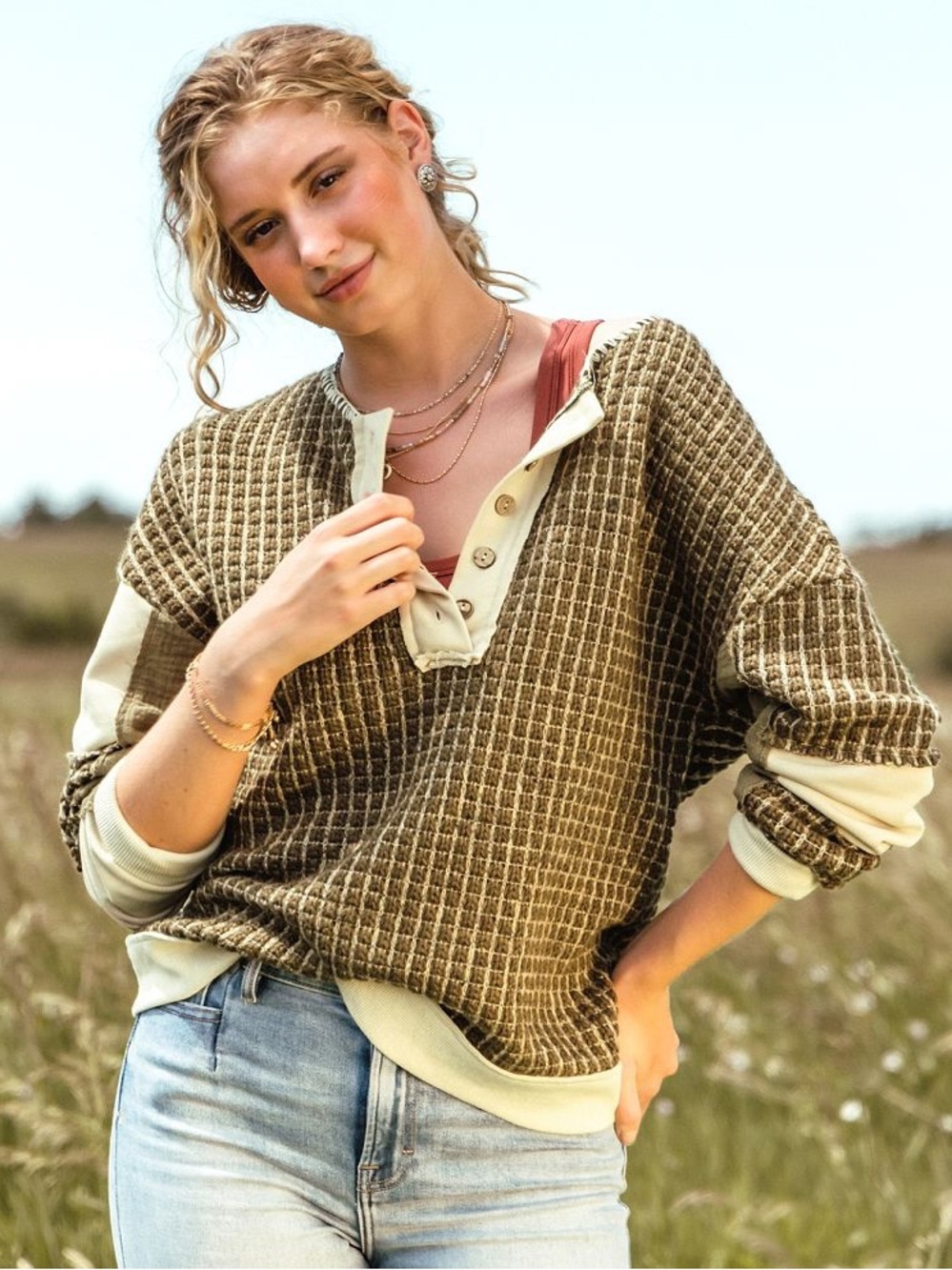 Gimmicks Checker Henley Wool/Mohair Open-Weave Rustic Cozy Waffle Knit Olive NWT